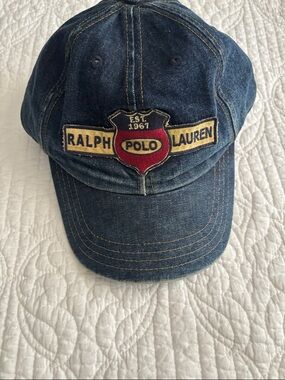 Vintage Polo Ralph Lauren Navy Denim 1967 Highway Shield Spellout Hat Cap Rare